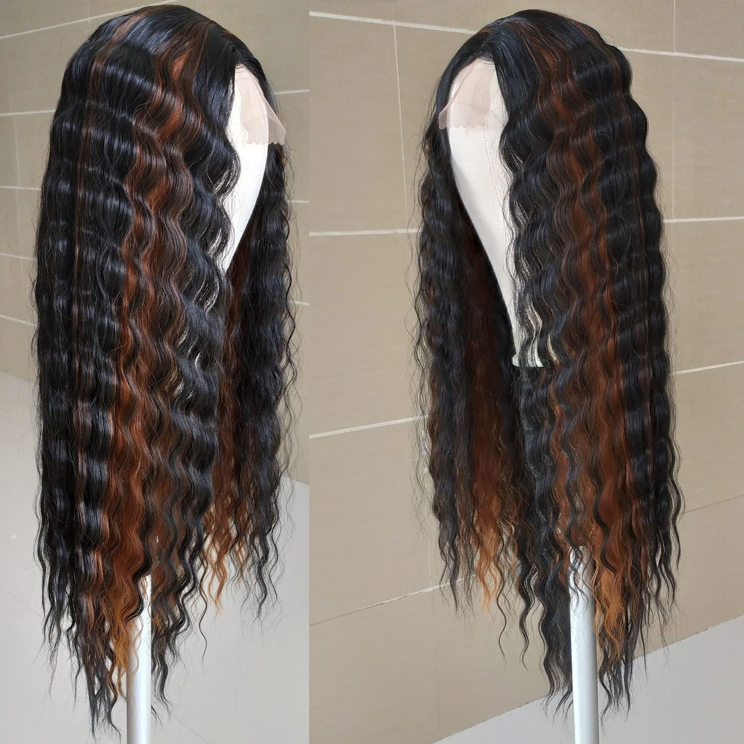 INSTASTYLE 30 Inch Synthetic Curly Wigs for Women Long Black Hair Wig Lace Front 4" Simulated Scalp Natural Loose Deep Wave Crimps Curls Wig As Hair Replacement Wigs 1B