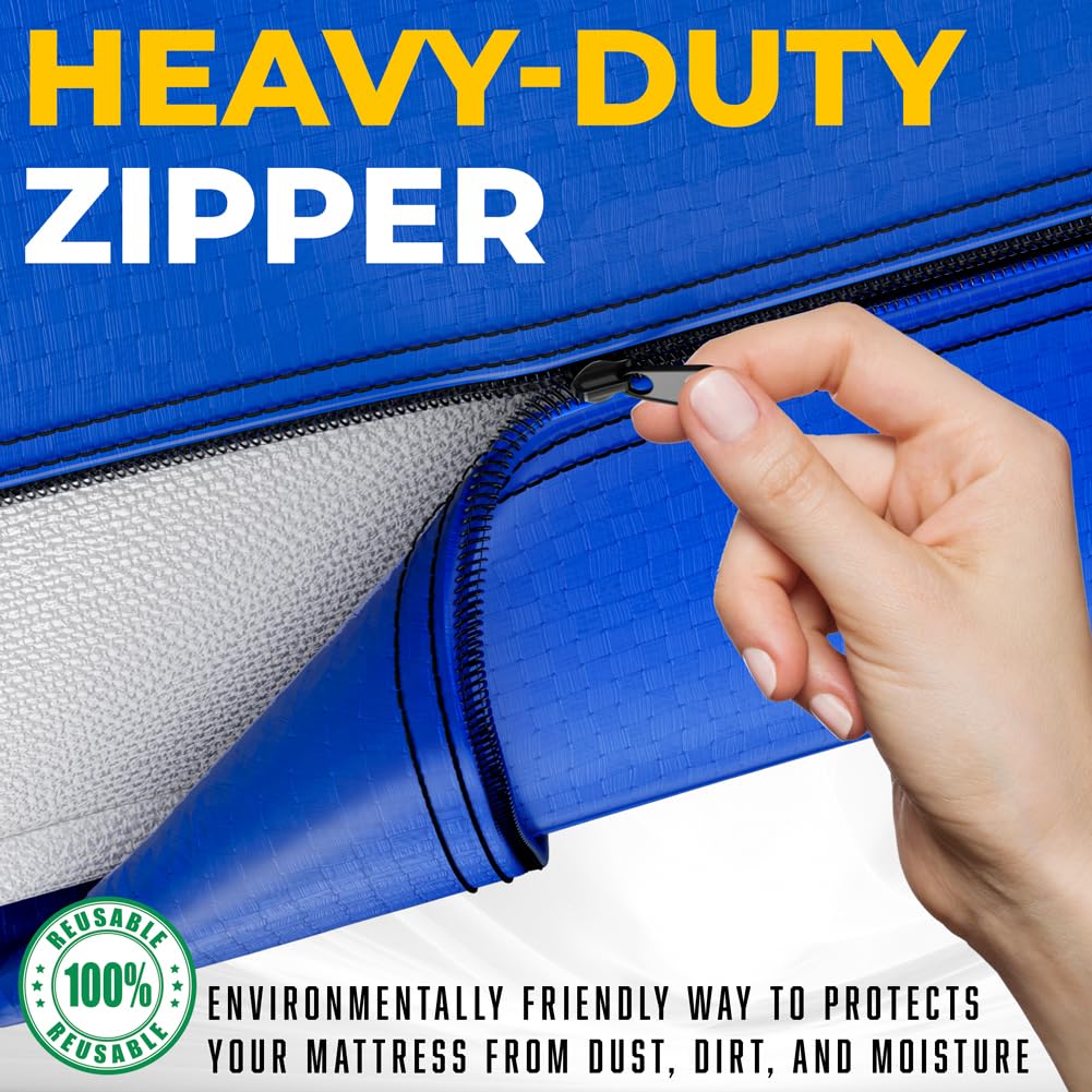 Bolsoni Twin XL Size Mattress Bags for Moving and Storage | Extra Thick Heavy Duty Reusable Mattress Cover Protector Tarp with Premium Strong Zipper and 8 Patented Easy to Carry Handles