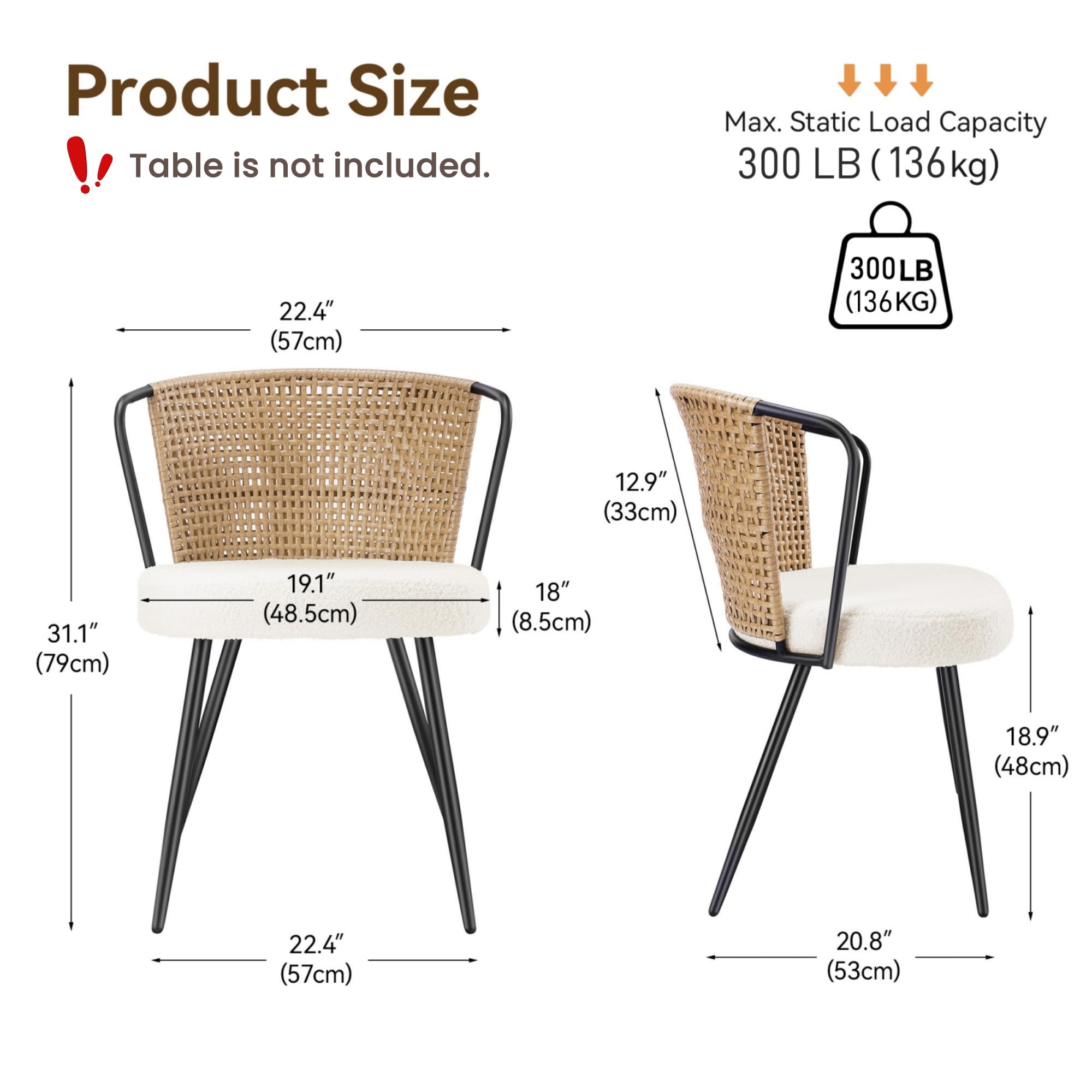 BedsPick Rattan Dining Chairs Set of 2 - Farmhouse Upholstered PE Rattan Kitchen Chair with Boucle Cushion, Wingback Dining Room Seat with Cane Back and Metal Legs for Home, Kitchen (Brown)
