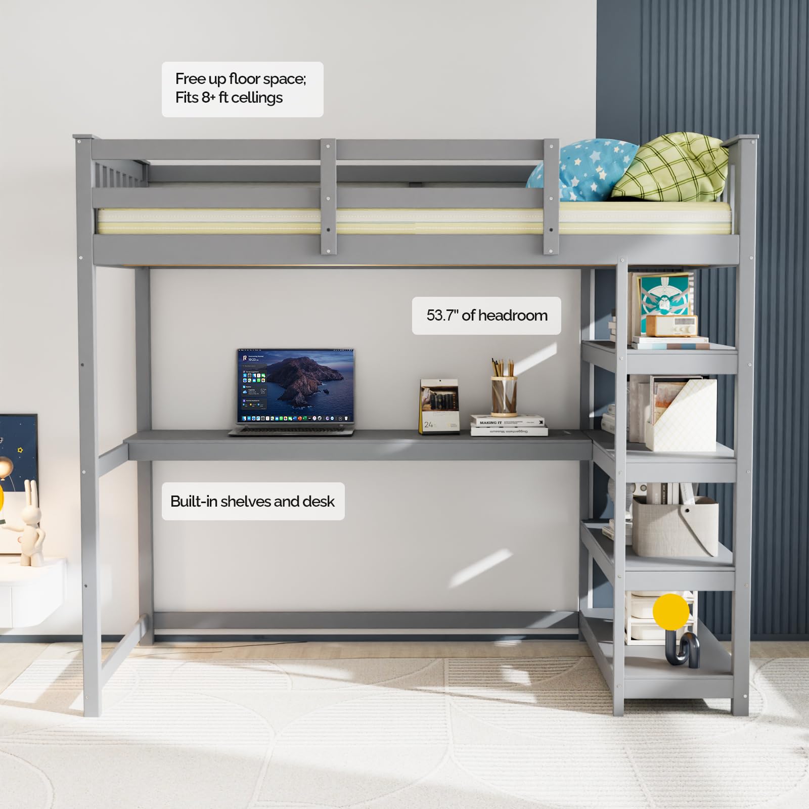 JOYMOR Low Loft Bed Twin Size with LED Lights, 4 Storage Shelves, Removable Curtain, Kids Wood Loft Bed with 15" H Safety Guardrail, Spave Saving, Mattress Not Included (Gray)