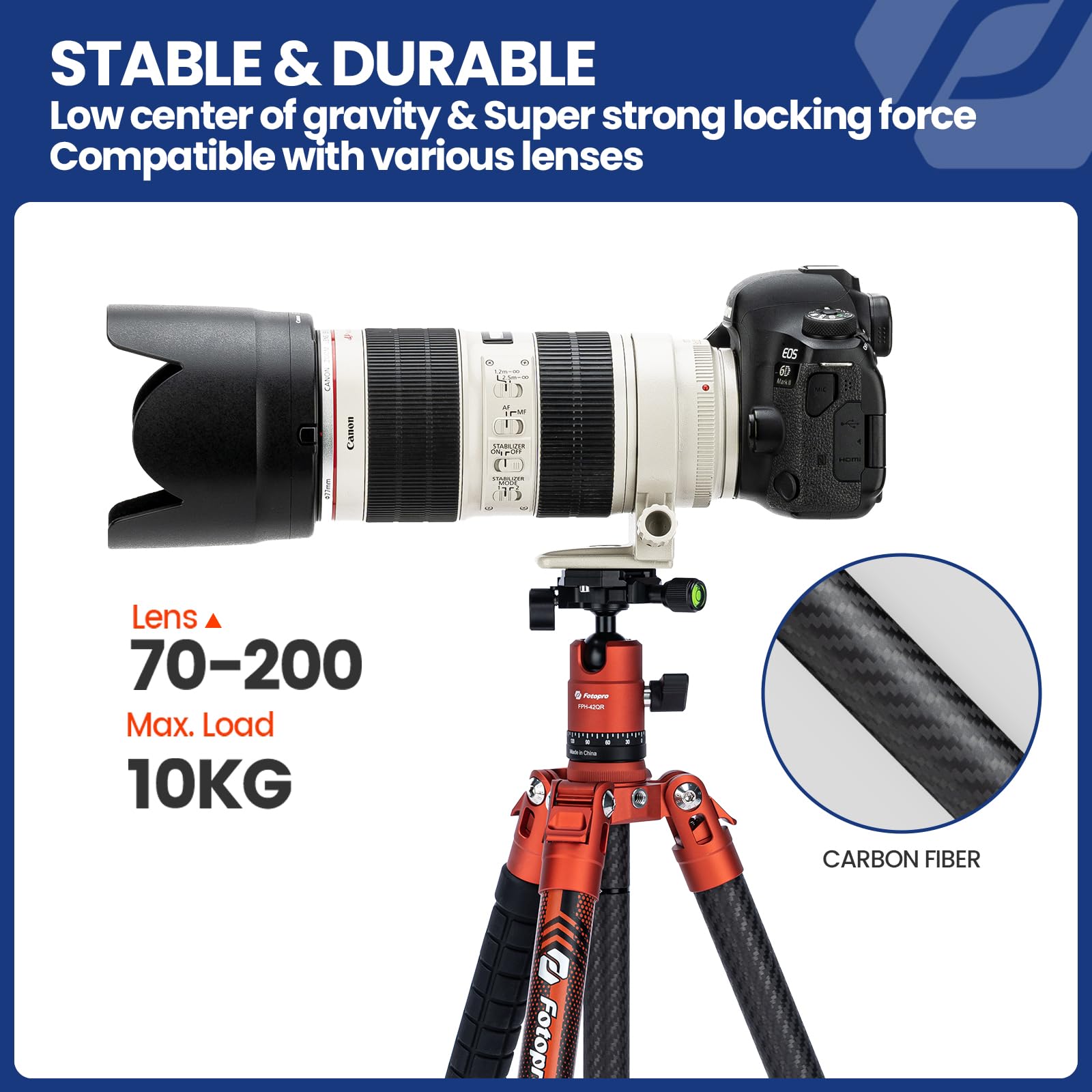 Fotopro 60" Camera Tripod, Carbon Fiber Travel Tripod with 360° Ball Head, Ultralight 2.1lbs, 22lbs Load, Quick Lock, Folds to 14.3" Carry-On, for DSLR Mirrorless Cameras, X-Aircross 3 Blue