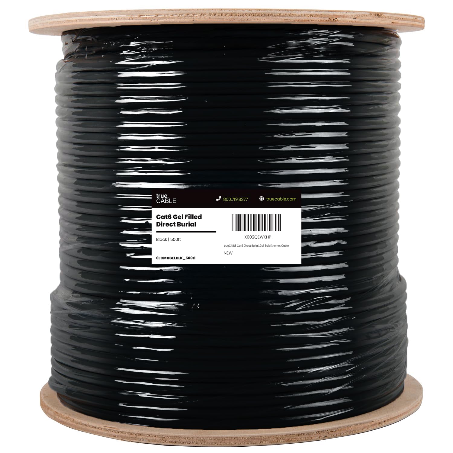TRUE CABLE Cat6 Direct Burial Bulk Ethernet, Gel Filled, Unshielded, 500ft, Black, Outdoor OSP Jacket, Waterproof, UV Resistant, 23AWG Solid Bare Copper, 550MHz, PoE++ (4PPoE)