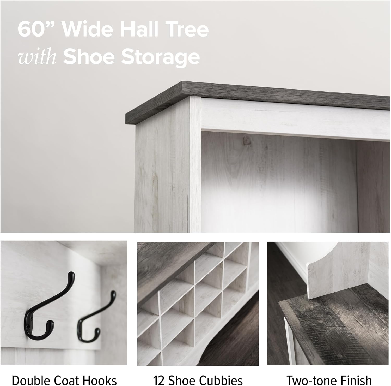 Prepac Farmhouse Washed White Hall Tree, Shoe Cabinet, Storage Cabinet with 12 Shoe Cubbies, 2 Boot Cubbies and 6 Double Coat Hooks 15.5" D x 60" W x 77" H