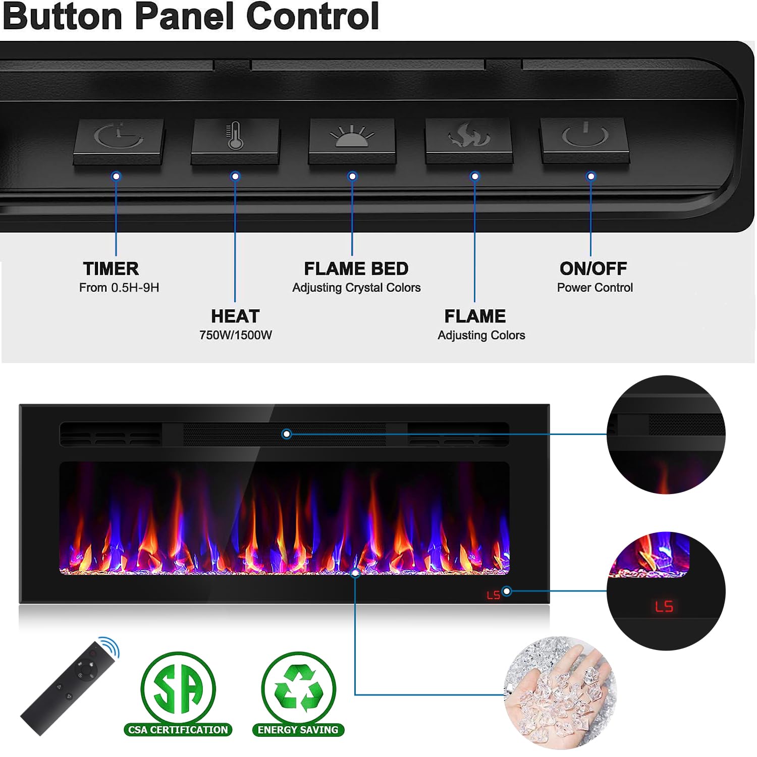 31 Inch Electric Fireplace Recessed and Wall Mounted, Fireplace Heater and Linear Fireplace, Ultra-Thin Electric Fireplace, Low Noise, with Timer, Remote Control, Adjustable 12 Flame Color, 750/1500W