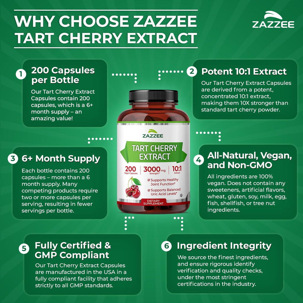 Zazzee Tart Cherry 10:1 Extract, 60 Vegan Capsules, 2 Month Supply, Montmorency Cherry, Certified Kosher, Joint & Uric Acid Support, Antioxidant Support Formula, Non-GMO, Made in the USA