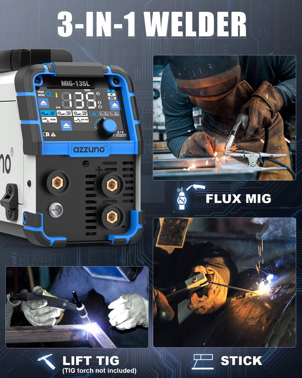 AZZUNO MIG Welder Machine 110V/220V, 155Amp 5-in-1 Gas MIG/Aluminum MIG/Gasless Flux MIG/Lift TIG/Stick Welding Machine, Wire Feed Welder