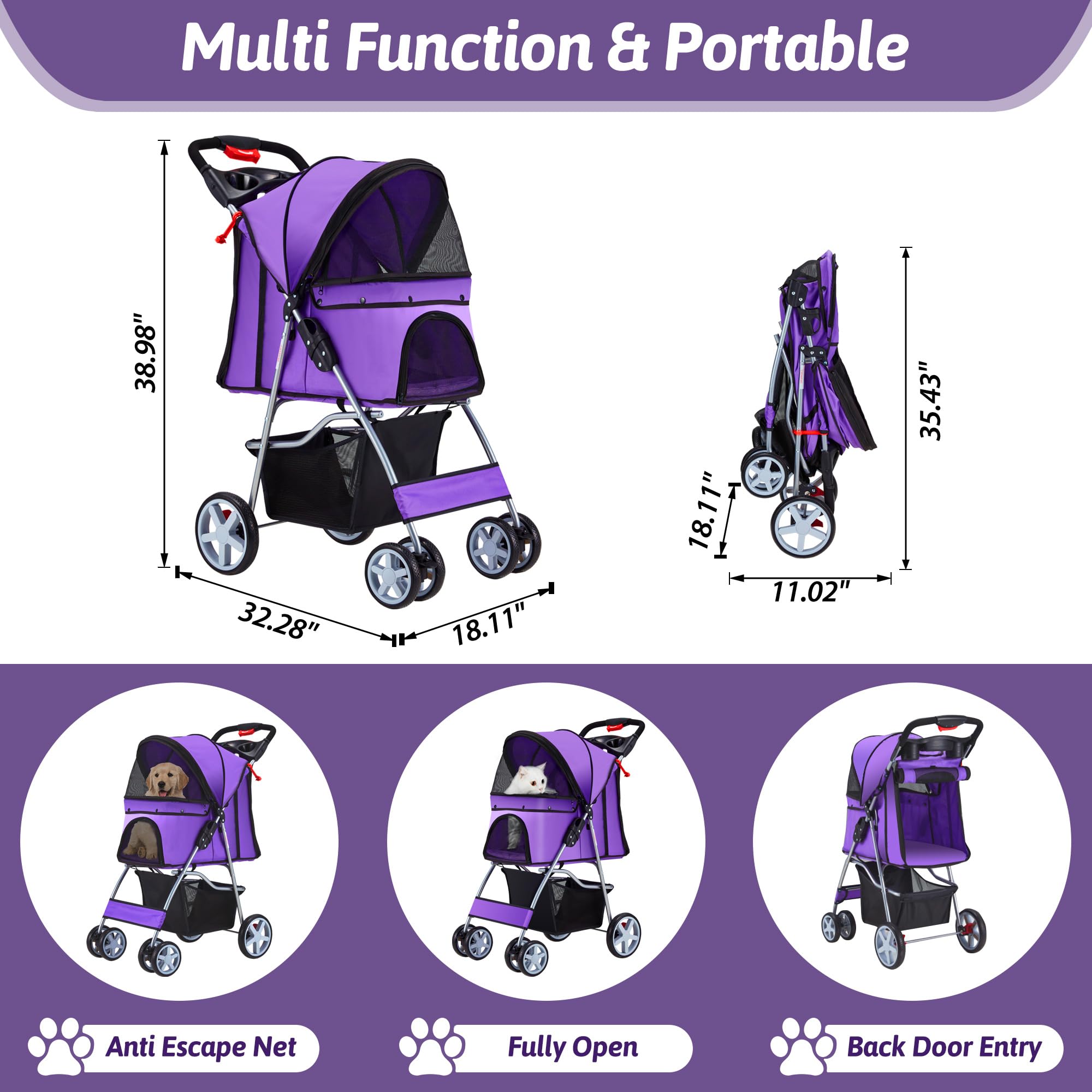 Pet Stroller, 4 Wheels Pet Strolling Cart for Medium/Small Dogs and Cats, Foldable Cat Jogger/Dog Stroller with Cup Holder, Storage Basket, Breathable Mesh, All-Season Pet Carrier, Black