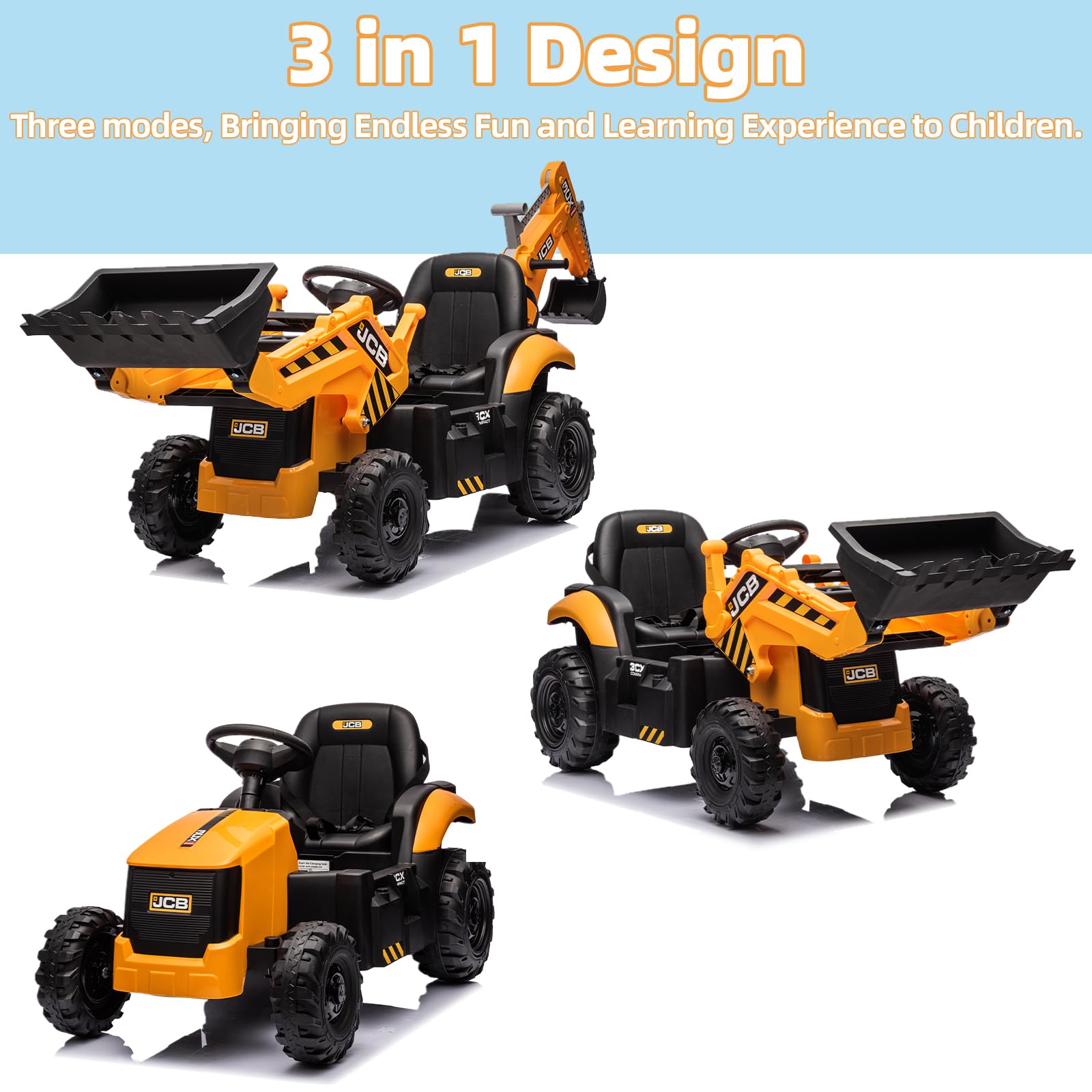 24V JCB Ride On Excavator for Kids, 3-in-1 Ride On Backhoe Digger with Front Loader & Rear Arm, Remote Control, Slow Start/Stop, Adjustable Speeds, Electric Construction Vehicle Toy for Ages 3–8