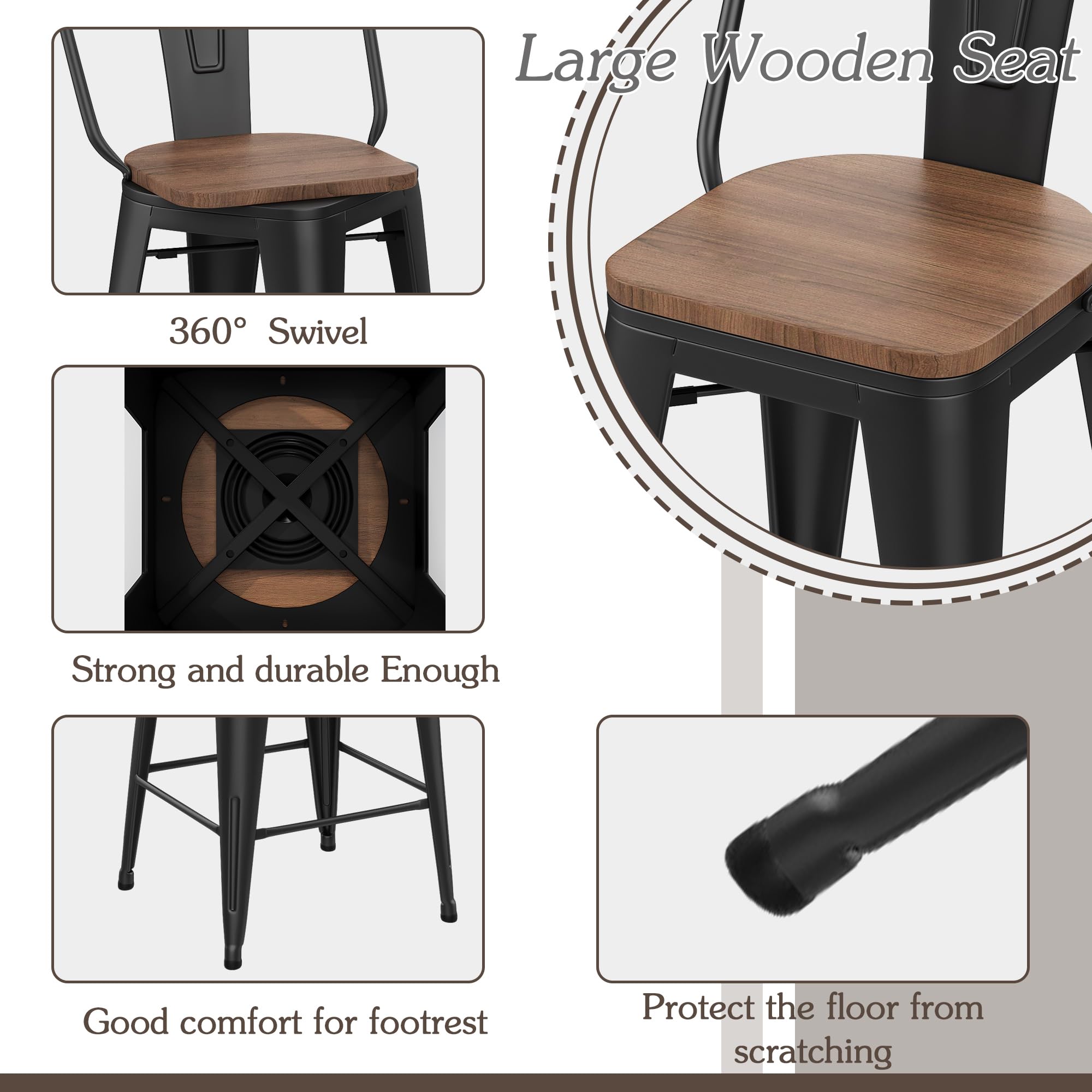Alunaune 24" Swivel Metal Bar Stools Set of 4 High Back Counter Height Barstools Industrial Dining Bar Chairs with Large Wooden Seat-Matte Black
