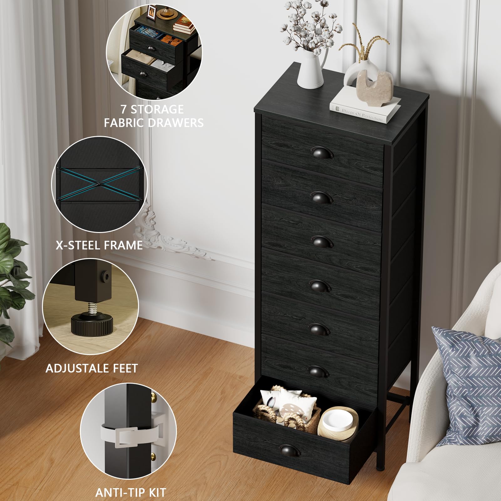 Furnulem Tall Dresser with 6 Drawers,Vertical Bedside End Table & Chest for Bedroom,Black Storage Tower Dorm Nightstand with Fabric Drawer Organizer Unit Furniture in Living Room,Closet,Hallyway