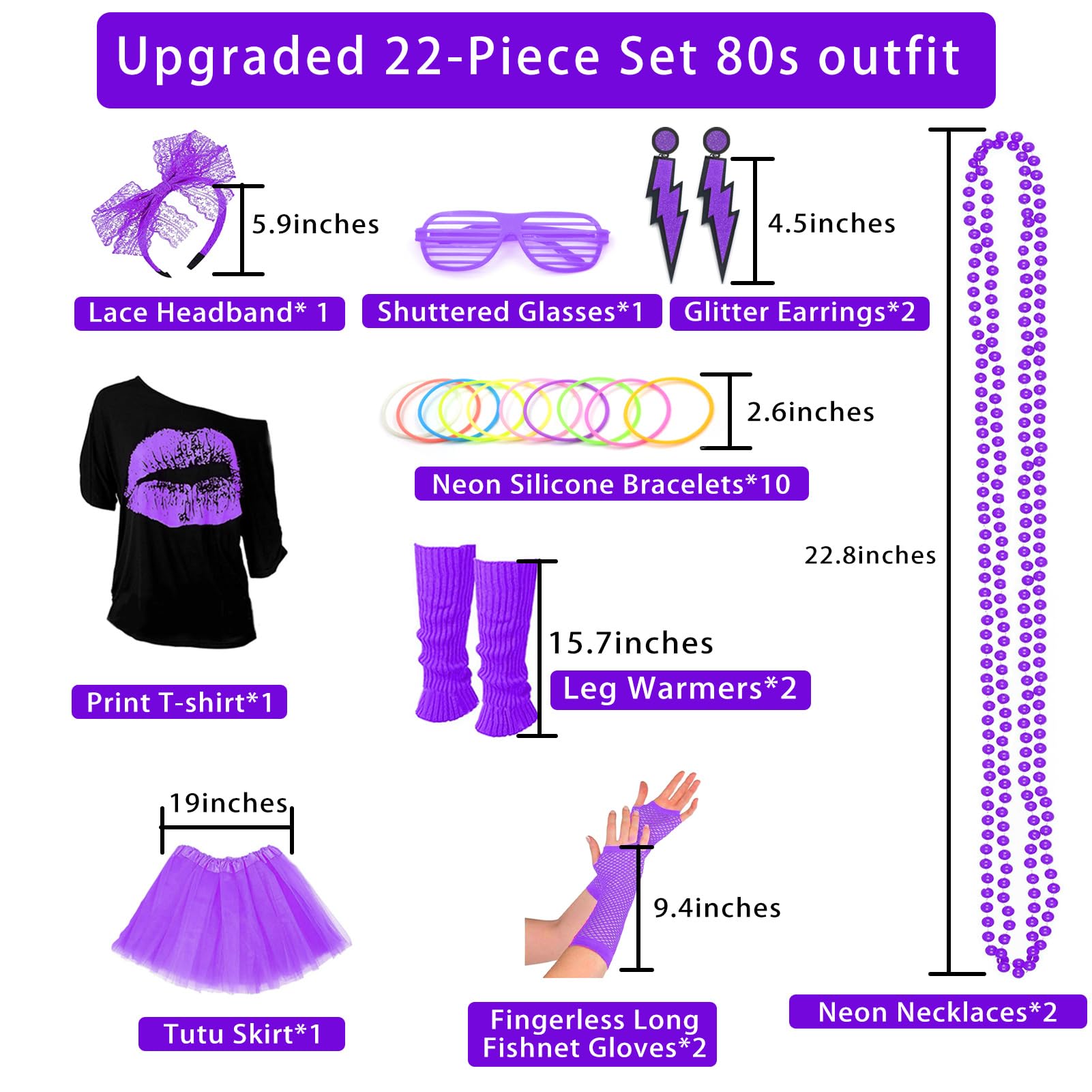 Upgraded 80s Outfit Costume for Women,80s Party Costume Accessory Sets with T-Shirt Tutu Skirt Waist Pack etc