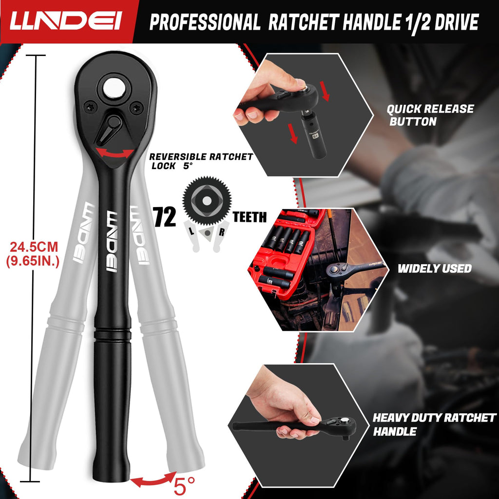 LLNDEI 1/2 inch Drive Deep Impact Socket Set, 37 Piece Standard SAE 3/8" to 1-1/4" | Metric 8 to 24mm, Includes Spark Plug Socket (16, 21mm), CR-MO Universal Joint, Extension Bars and Adapter