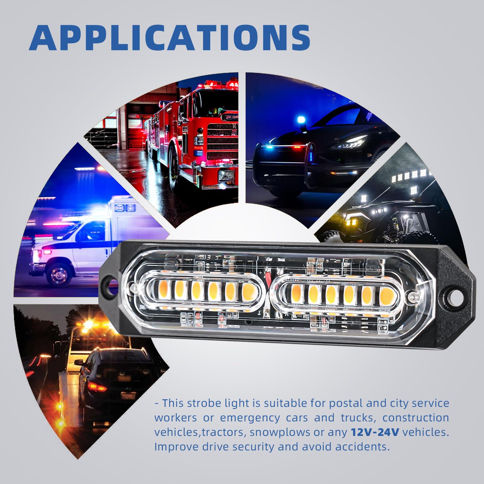 8-Pcs 12 LED Sync Feature Emergency Strobe Grille Lights Ultra Slim Surface Mount Hazard Warning Flashing Light Bar for Firefighter/Construction/Police/Trucks/Vehicles/Car/SUV (Amber/White)