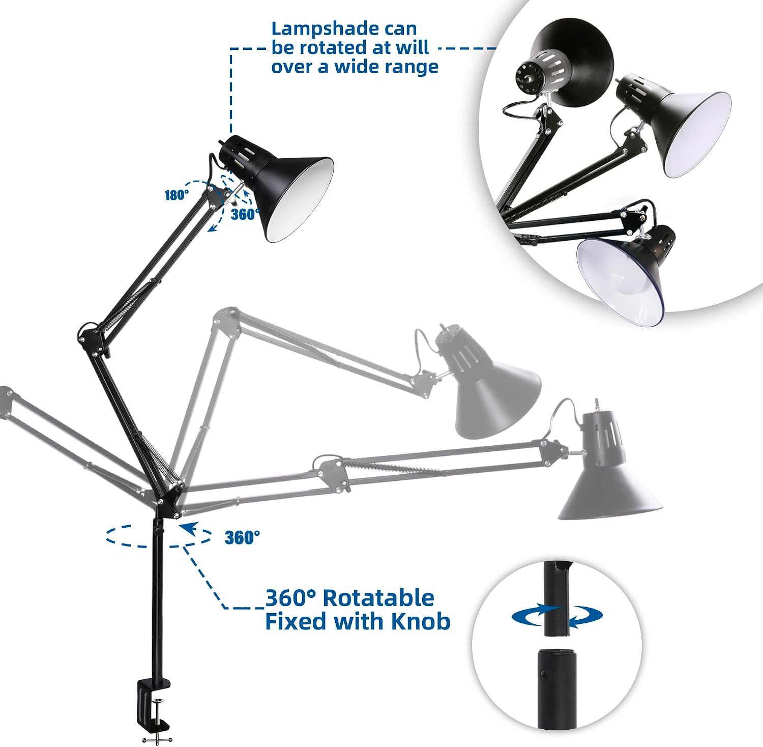 2 Pack Desk Lamp w/A19 E26 LED Bulb for Home Office Eye-Caring Metal Extra Tall Swing Arm High Intensity Clamp Flexible Gooseneck Side Table Working Reading Computer Workbench 5000K White Light