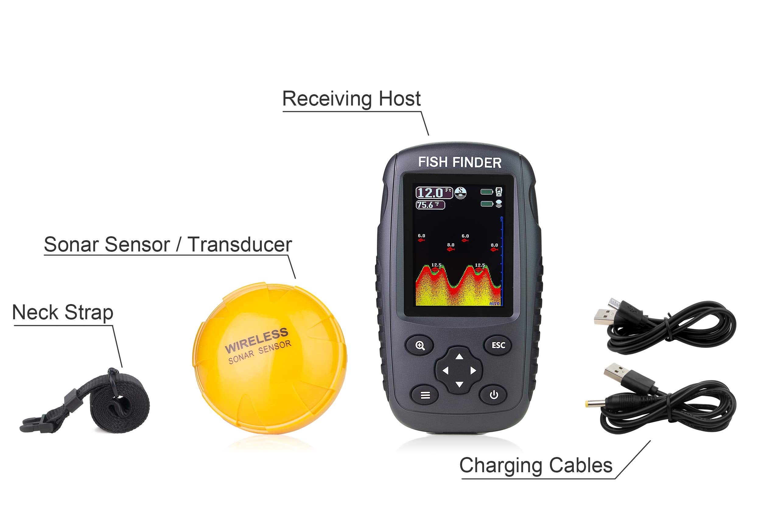 Portable Rechargeable Fish Finder Wireless Sonar Sensor Fishfinder Depth Locator with Fish Size, Bottom Contour, Color LCD Display