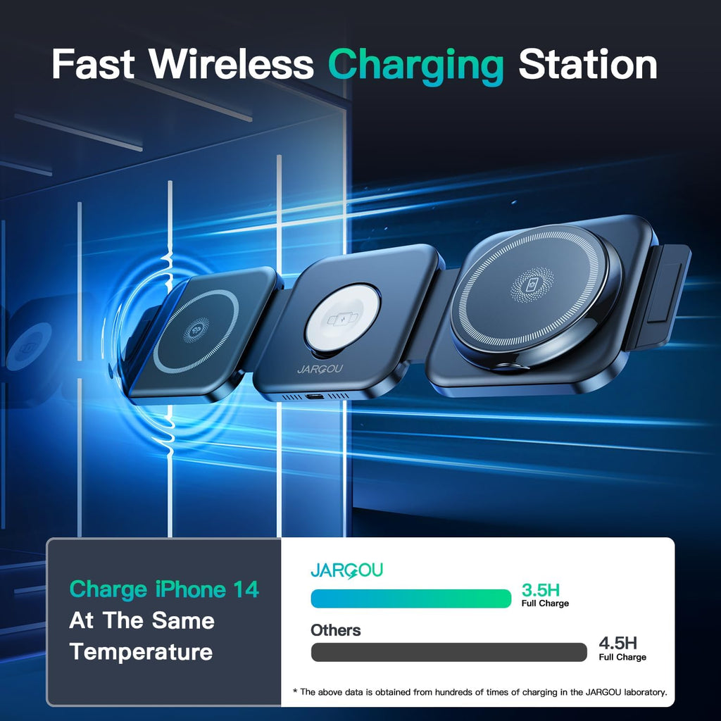 JARGOU 3 in 1 Charging Station for iPhone 16/15/14/13/12 Series, Travel Charger for Multiple Devices for AirPods 4/3/2/Pro,Wireless Charger Magnetic Charging for Apple Watch S10 Series(Black)