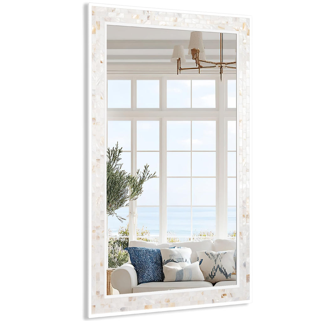 Tanmicoshomy Round Wall Mirror 24 Inch,Circle Mosaic Mirror with Natural Mother of Pearl and Wood Frame, Decorative Coastal Round Wall Mirror for Bathroom Bedroom Living Room Entryway