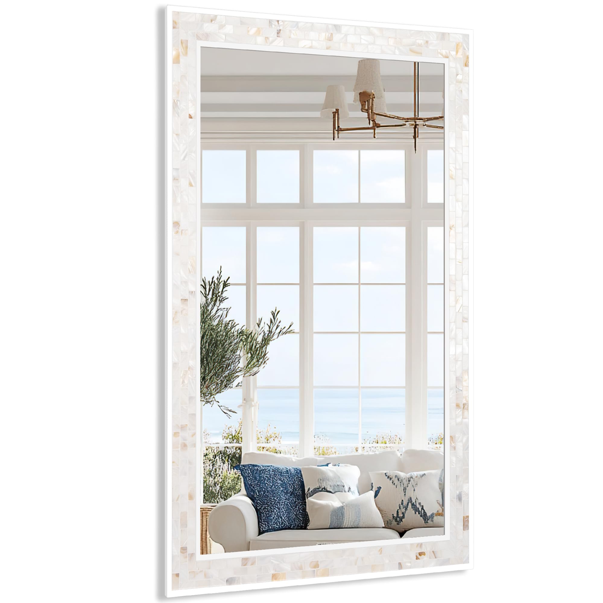 Tanmicoshomy Round Wall Mirror 24 Inch,Circle Mosaic Mirror with Natural Mother of Pearl and Wood Frame, Decorative Coastal Round Wall Mirror for Bathroom Bedroom Living Room Entryway