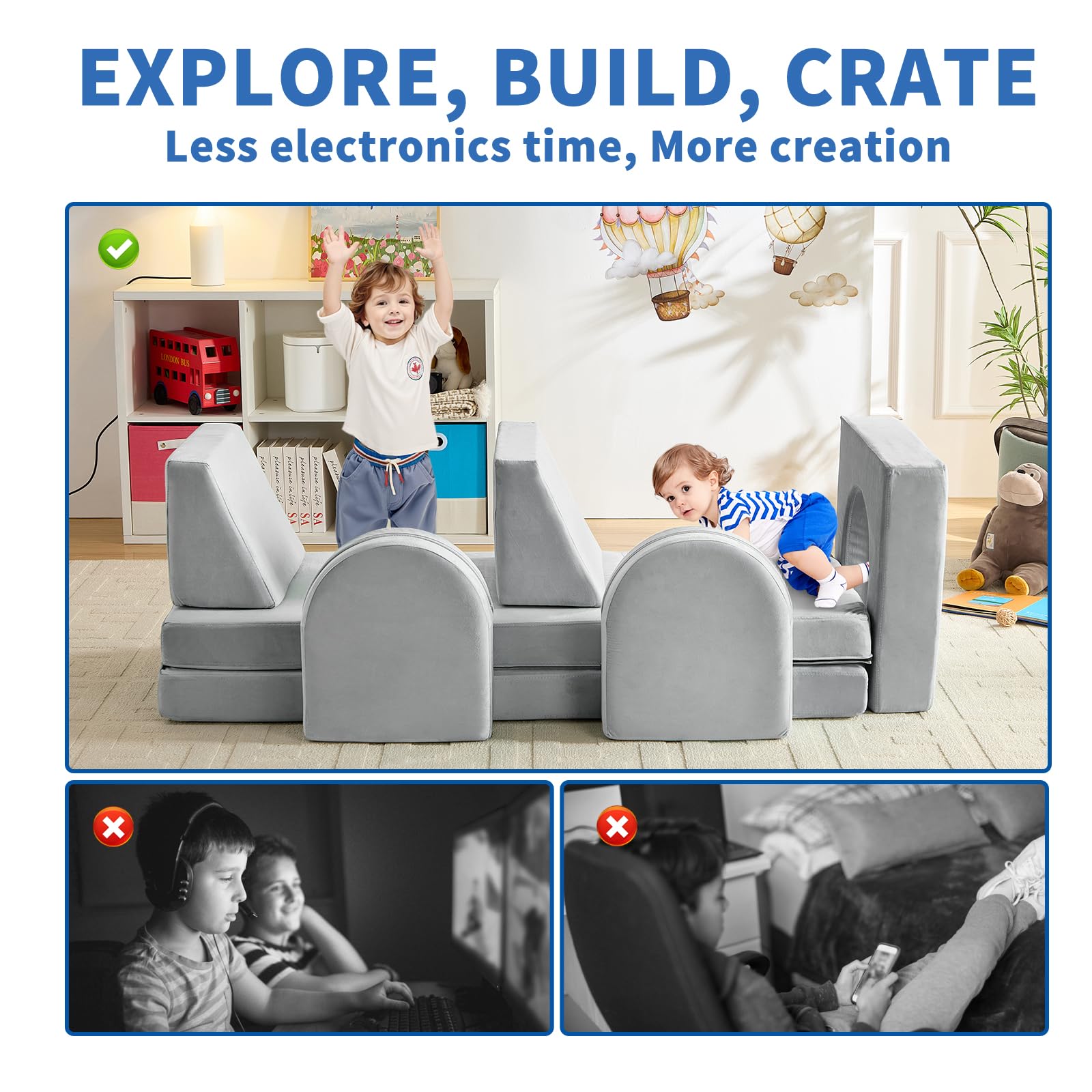 wanan Kids Couch 10PCS, Modular Kids Play Couch for Playroom Bedroom, 10 in 1 Multifunctional Kid Sofa for Playing, Creativing, Sleeping, Indoor Toddler Couches for Boys and Girls(Dark Grey)