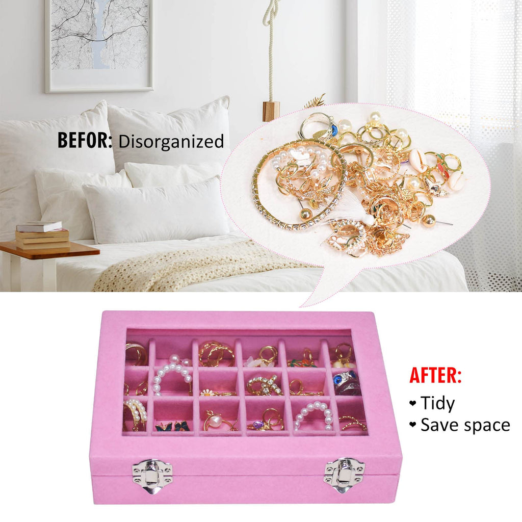 Vicoter Velvet Jewelry Box 24 Grid Jewelry Ring Display Organiser Box Tray Holder Earrings Storage Case for Girls Wife Mom Women (Beige)
