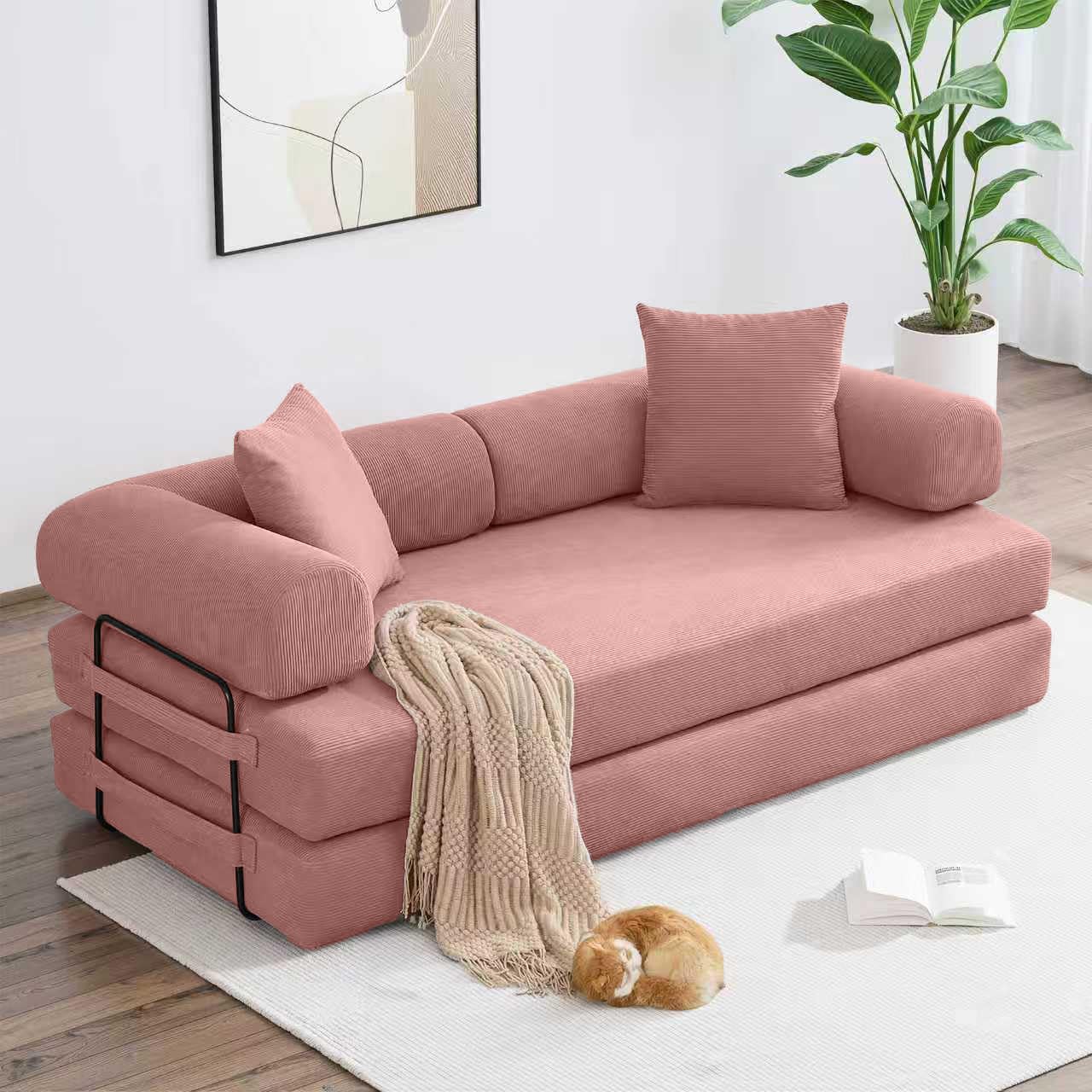 ZEIINPA 59“ Convertible Floor Sofa Bed, 5-in-1 Futon Sofa Bed Pull Out Sleeper Couch, Modern Corduroy Compressed Loveseat, Modular Boneless Couches for Living Room, No Assembly Required, Beige
