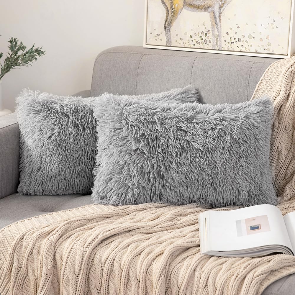 ANRODUO Pack of 2 Baby Pink Throw Pillow Covers Luxury Fluffy Pillows Faux Fur Decorative Pillows Plush Cushion Case Fuzzy Mongolian Merin Style for Bed Couch Sofa Living Room Summer Decor 16x16 Inch