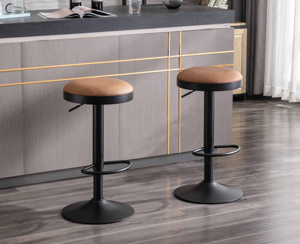 EALSON Modern Swivel Bar Stool Adjustable Counter Height Backless Barstools with Metal Base Leather Upholstered Round Bar Stool Chairs for Kitchen Island/Pub/Breakfast Bar, Beige 1PC