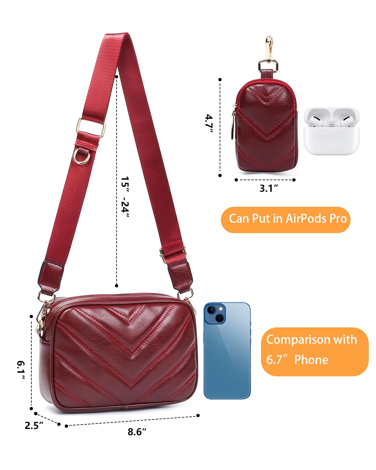 Herald Chevron Quilted Small Crossbody Bag with Coin Purse Pouch, Women Square Camera Side Shoulder 2 Size Handbags | Chevron