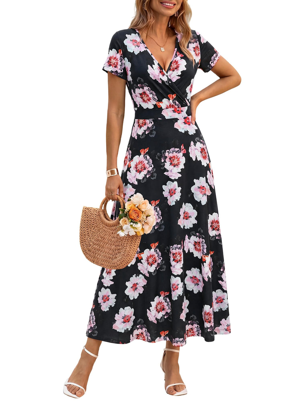 HUHOT Women's Short Sleeve Wrap V Neck Dresses for Wedding Guest Summer Floral Maxi Sundresses with Pockets Boho Dress