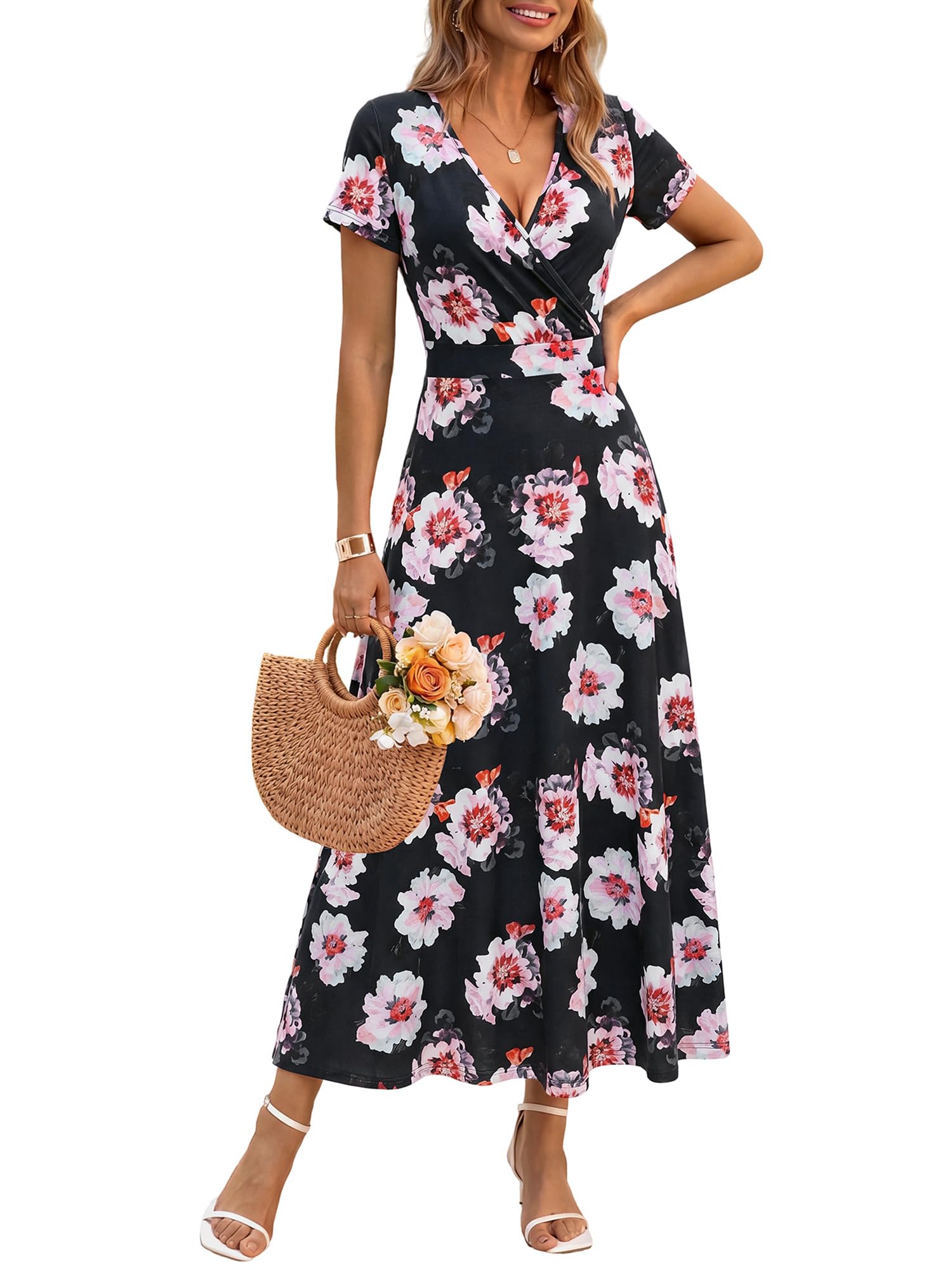 HUHOT Women's Short Sleeve Wrap V Neck Dresses for Wedding Guest Summer Floral Maxi Sundresses with Pockets Boho Dress
