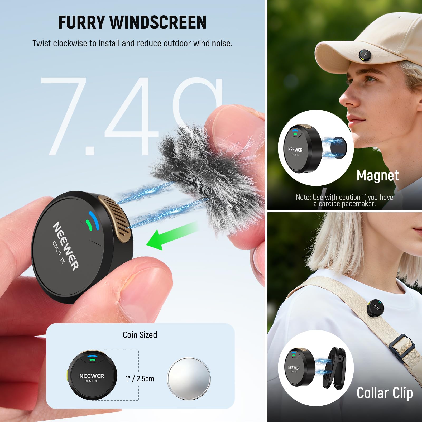 NEEWER CM28 Wireless Lavalier Microphone System, 1 Click Noise Canceling, 4GB Storage for 9Hrs of 48KHz 16 Bit Uncompressed Audio, Lapel Mic Compatible with iPhone/Android/PC/Camera/iPad