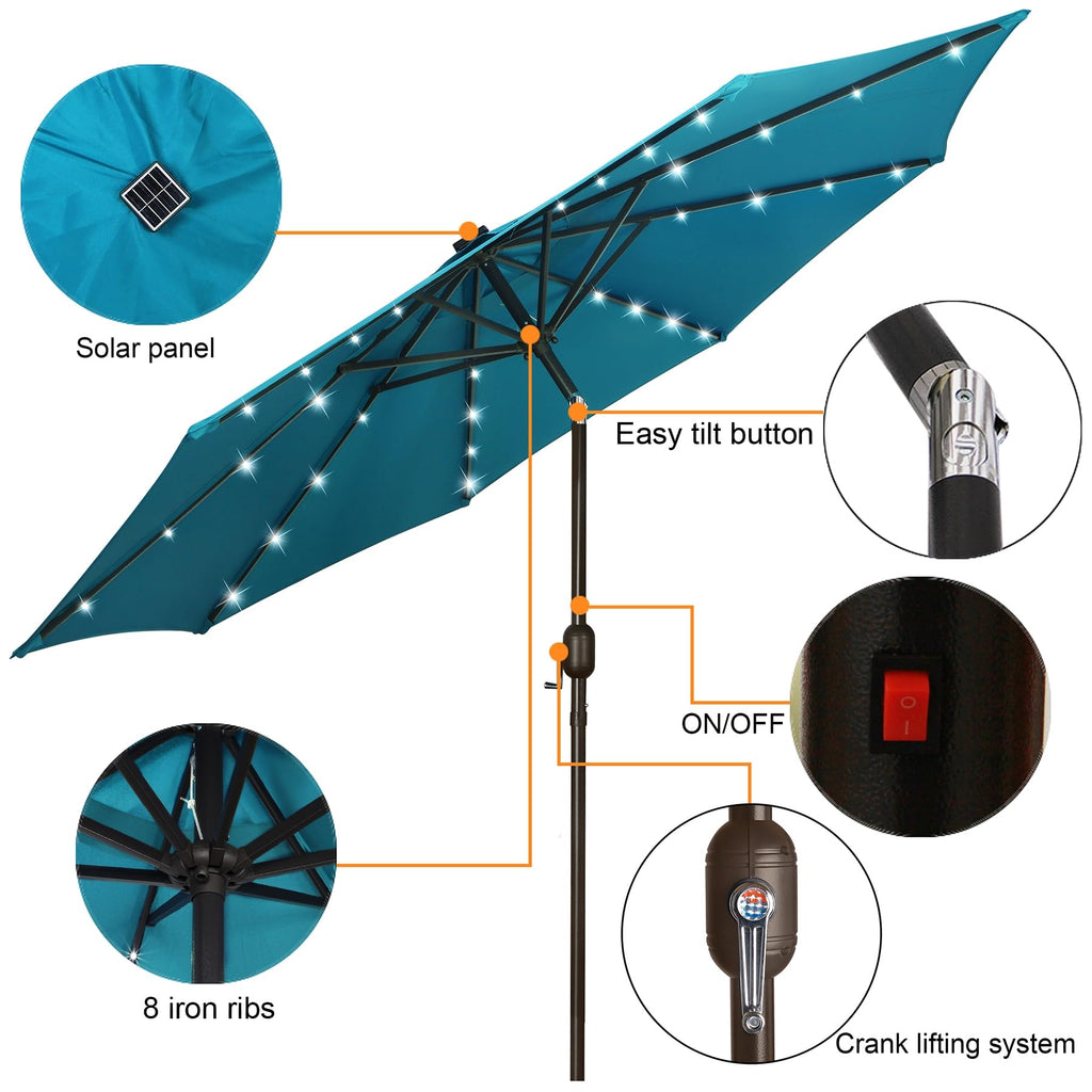 Blissun 9 ft Solar Umbrella, 32 LED Lighted Patio Umbrella, Table Market Umbrella, Outdoor Umbrella for Garden, Deck, Backyard, Pool and Beach (Light Blue)