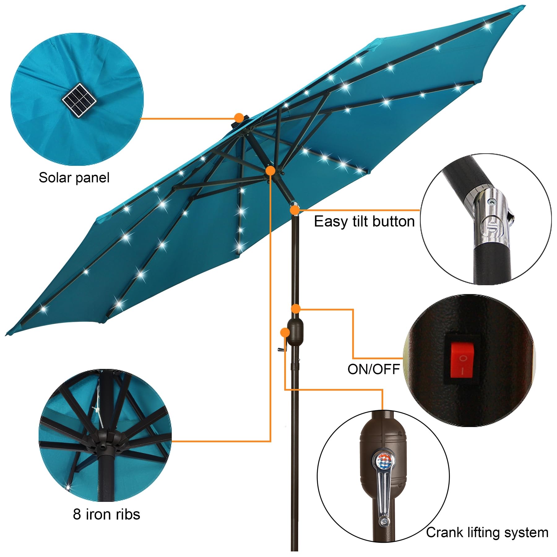 Blissun 9 ft Solar Umbrella, 32 LED Lighted Patio Umbrella, Table Market Umbrella, Outdoor Umbrella for Garden, Deck, Backyard, Pool and Beach (Light Blue)