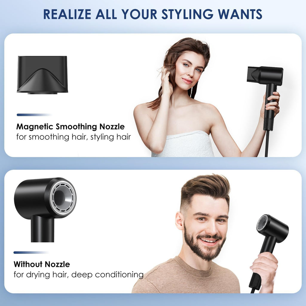 Hair Dryer - 150000 RPM High-Speed Blow Dryer with Negative Ionic Care for Fast Drying. Lightweight, Low Noise Design with 4 Temps/2 Speeds and Magnetic Nozzle (Black)