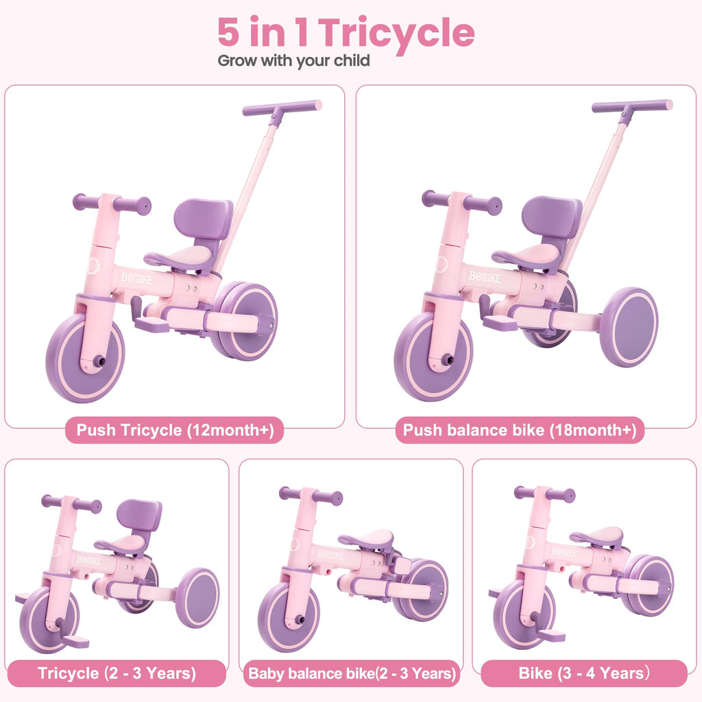 Toddler Bike with Push Handle,Tricycles for 1 to 3 Years Old, Toddler Tricycle with Push Handle for Boy Girl, Baby Balance Bike with Adjustable Seat Height and Removable Pedal (Black)
