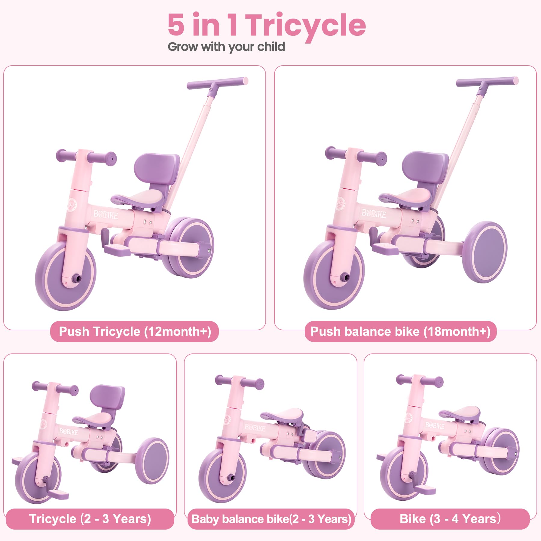 Toddler Bike with Push Handle,Tricycles for 1 to 3 Years Old, Toddler Tricycle with Push Handle for Boy Girl, Baby Balance Bike with Adjustable Seat Height and Removable Pedal (Black)