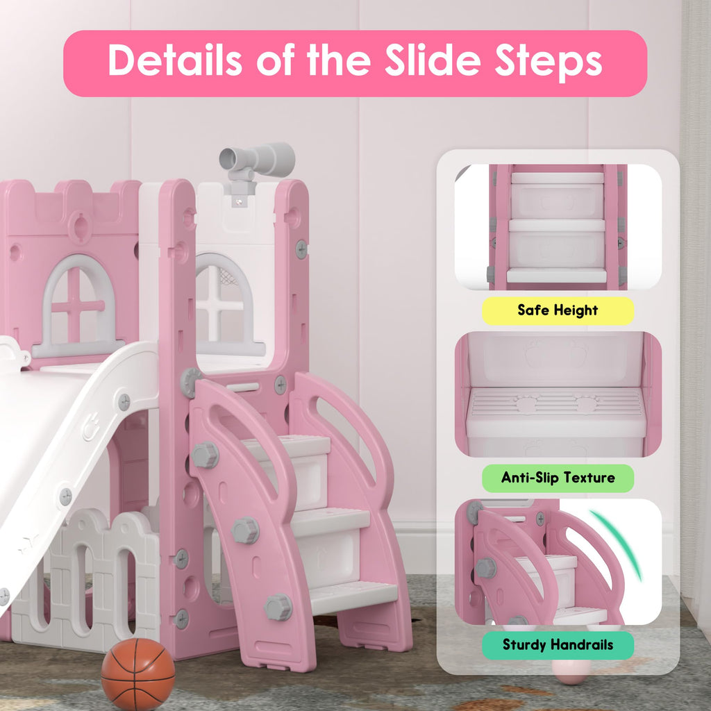 LulliSpace 6 in 1 Toddler Slide,Kids Playset for Toddlers Indoor Outdoor, Baby Slide with Basketball Hoop, Telescope & Storage Space,Non-Slip Steps for Great Gift