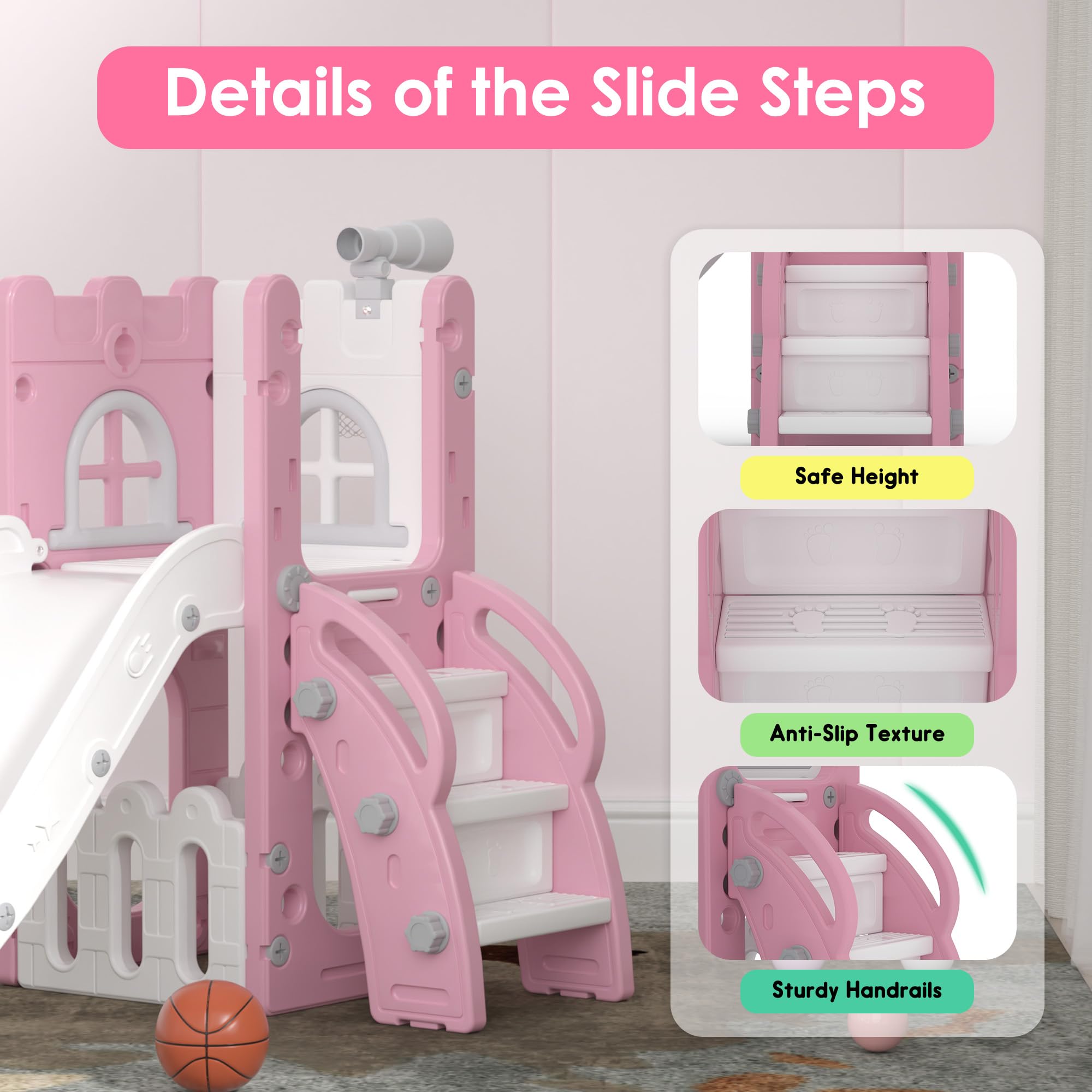 LulliSpace 6 in 1 Toddler Slide,Kids Playset for Toddlers Indoor Outdoor, Baby Slide with Basketball Hoop, Telescope & Storage Space,Non-Slip Steps for Great Gift