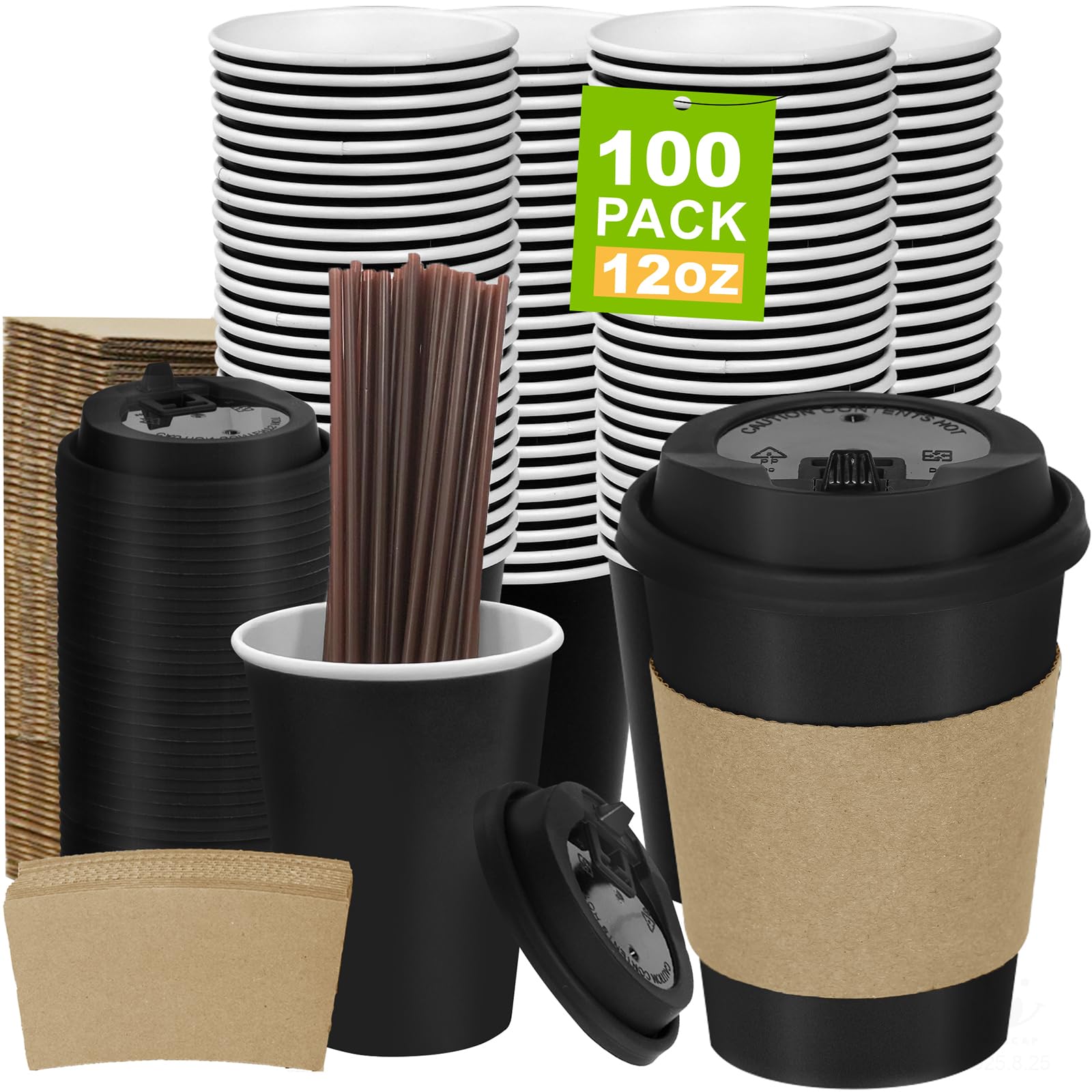 16 oz 100 Pack Corrugated Ripple Wall Disposable Coffee Cups with Lids and Straws, Heavy Duty Insulated Cups for Hot Beverage or Cold Drinks, Bulk for Restaurants, Offices, Coffee Shops(Black)