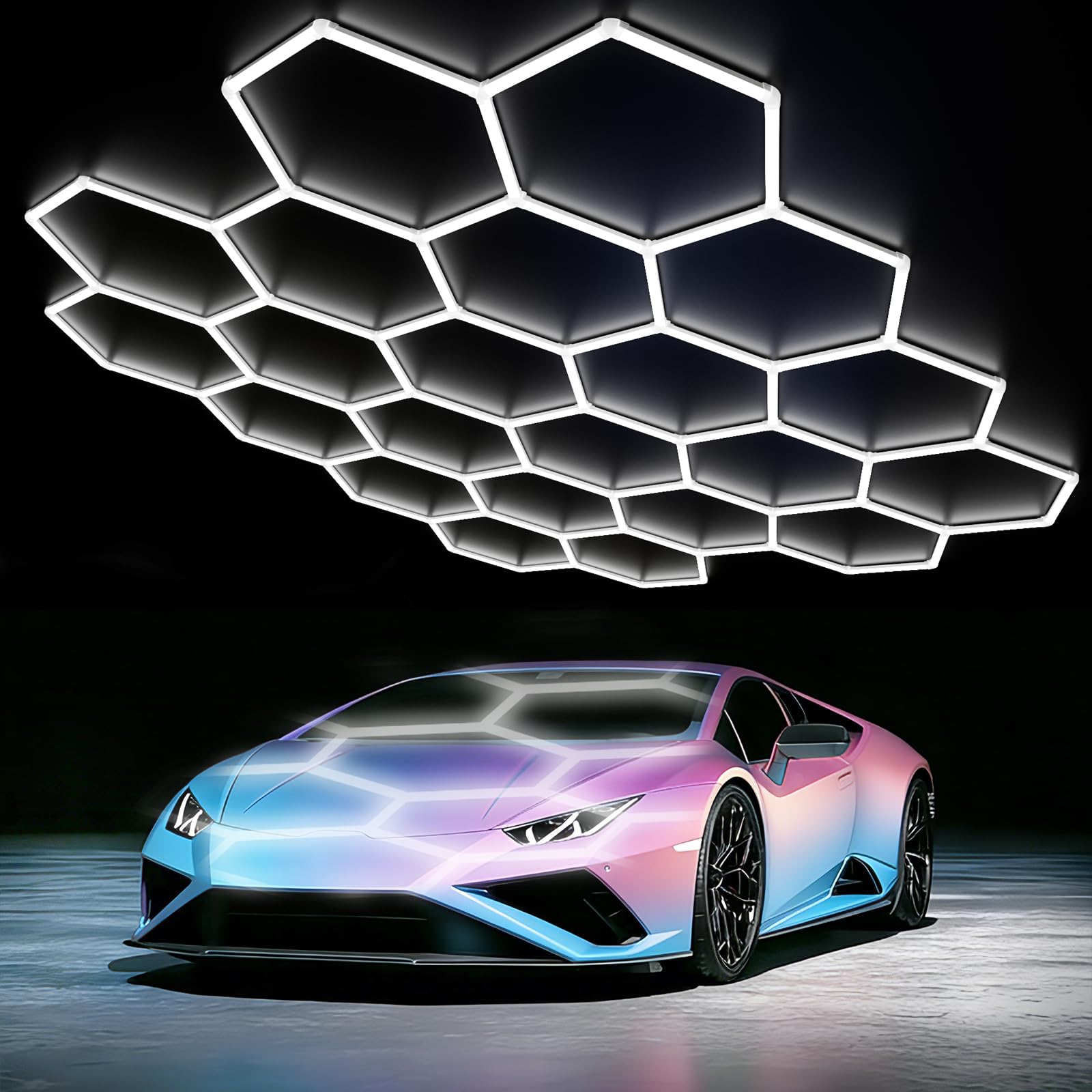 LZHOME LED Hexagon Garage Light: 12700LM Car Detailing Shop Light, DIY Splicing Ceiling & Wall Decor Lights, for Workshop Basement Gym Warehouse Bar Gaming Room