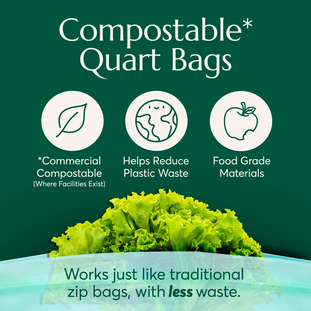 Cleanomic Compostable* Snack Size Food Storage Bags (50 Eco Zip) Freezer and Leak Proof, Also Available Gallon, Quart and Sandwich Size Bags