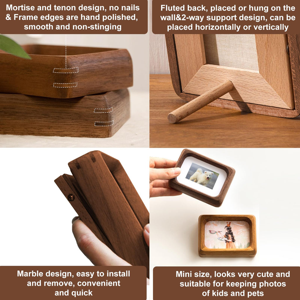 Mini Wood Picture Frame,Small Picture Frames 2x3 with Tiny Mat | Cute Polaroid Picture Frame,Teak Solid Natural Wood Tiny Photo Frame, Tabletop and Wall Mounting