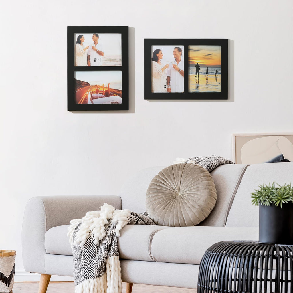 4x6 2-Opening Collage Frame Black Wood | Two 4x6 openings, shatter-resistant glass, tabletop & wall mount