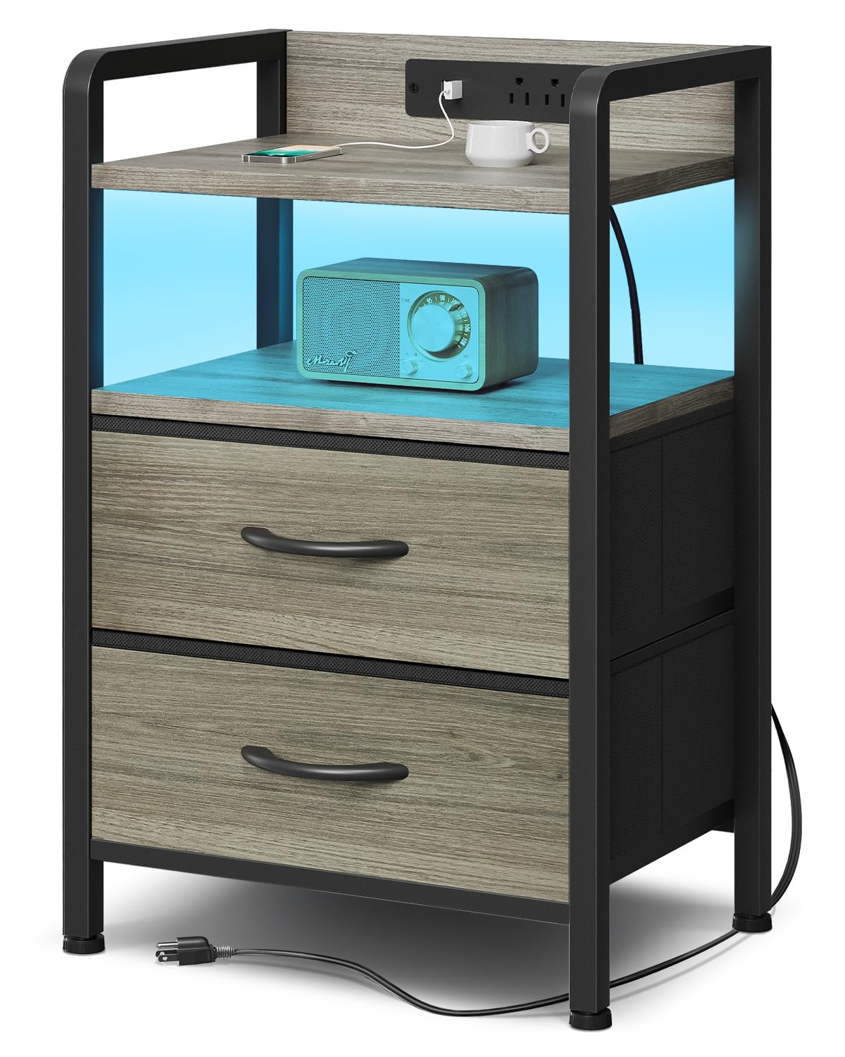 Lazzanto Night Stand Bedside Charger Bedroom - Nightstand with Charging Station & LED Light Strip, Night Stand with Storage Shelf & 2 Fabric Drawers, Morden End Table with U-S-B Ports & AC Outlets