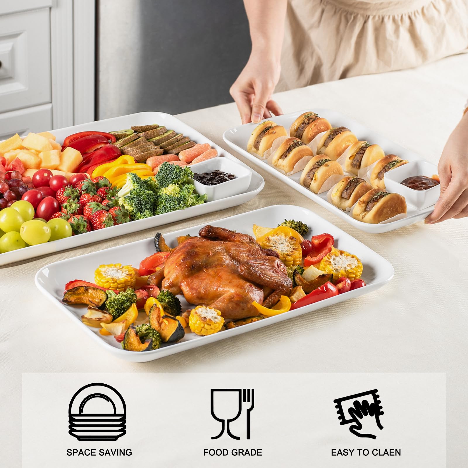 DELLING Large Serving Platter Set of 3, 16/14/12 Inch Porcelain Serving Trays for Party - Black Ceramic Rectangular Platters for Entertaining,Platter for Thanksgiving Christmas, Dishwasher Oven Safe