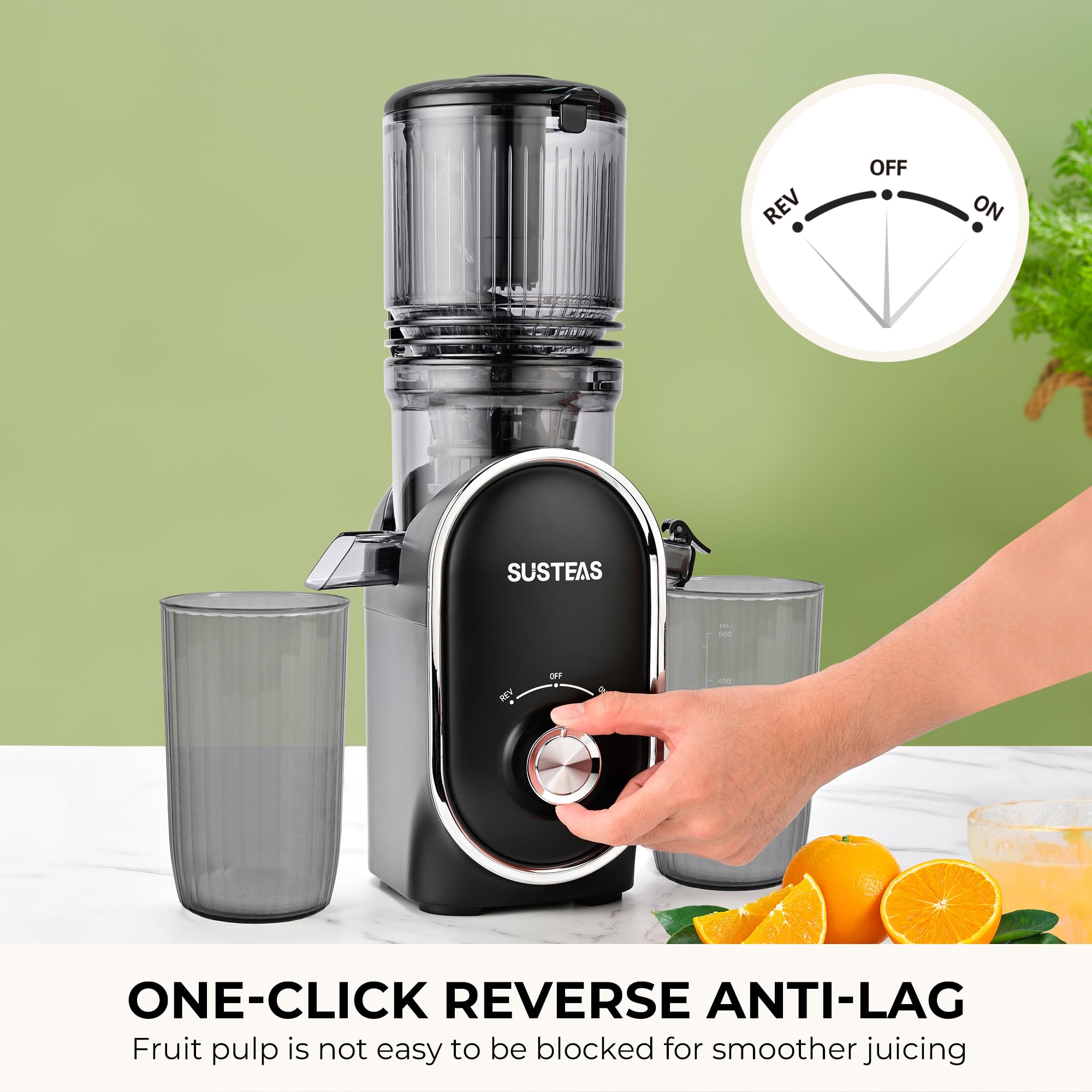 SUSTEAS Cold Press Juicer, 5.3" Feed Chute Slow Masticating Machines with 300W, Fit Whole Fruits & Vegetables, High Juice Yield, Easy to Clean, White