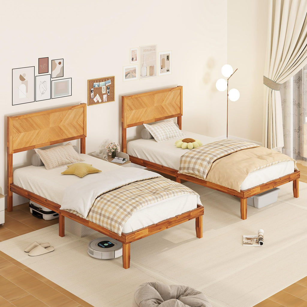 Giantex Wood Twin Bed Frames with Headboard, Solid Acacia Wood Platform Bed with 12 Strong Wooden Slat Support, Scandinavian Style Art Deco Twin Size Bed Frame, No Box Spring Needed, Rustic Brown