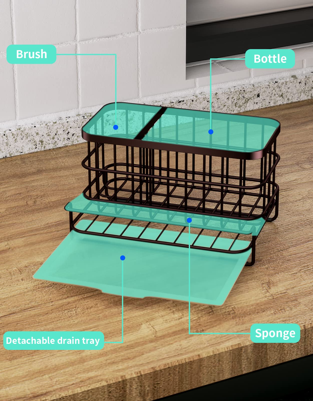 HapiRm Kitchen Sink Organizer, SUS304 Stainless Steel Rustproof Multifunctional Large Sink Caddy with Sponge Holder and Drain Tray for Kitchen Countertop (Silver)