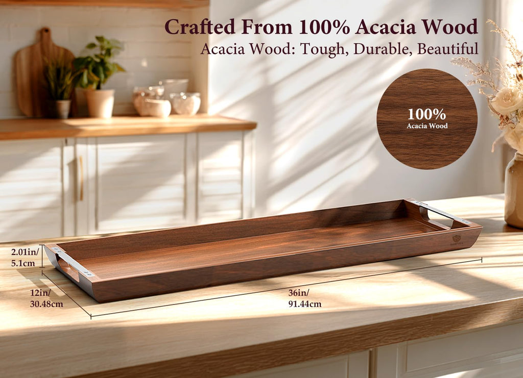 Acacia Wood Serving Tray with Metal Handles, 17x13in Food Drinks Tray for Coffee Table, Breakfast, Dinner & Bar, Rustic Decorative Storage Tray for Ottoman, Kitchen, Elegent Gift for Father