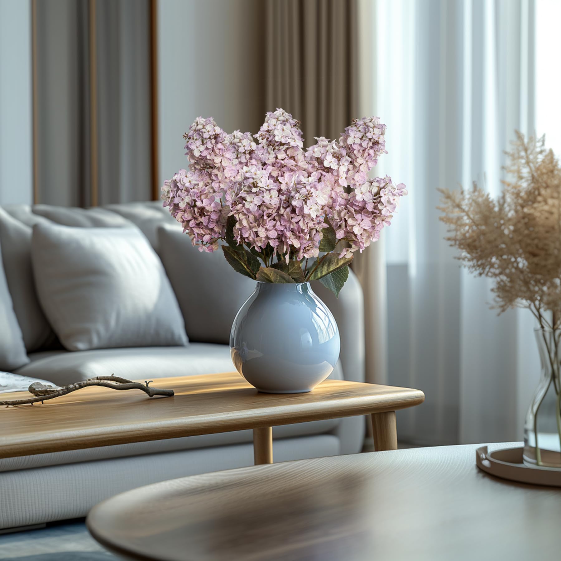 Ttranewsoo Hydrangea Artificial Flowers,Fall Hydrangeas Artificial Flowers,Blue Fake Fall Dried Hydrangea Flowers Decoration,Faux Silk Flower with Stems Winter Decor(Blue 24" 8pcs) Without Vase